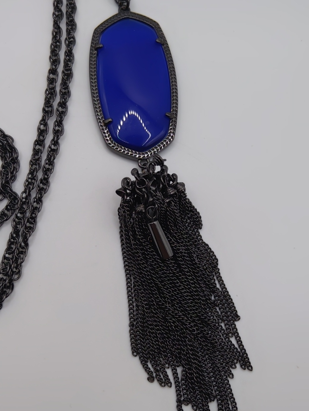 Kendra Scott Rayne Blue Cats Eye Pendant And Gunmetal Chain And Tassel Rare - Picture 3 of 6